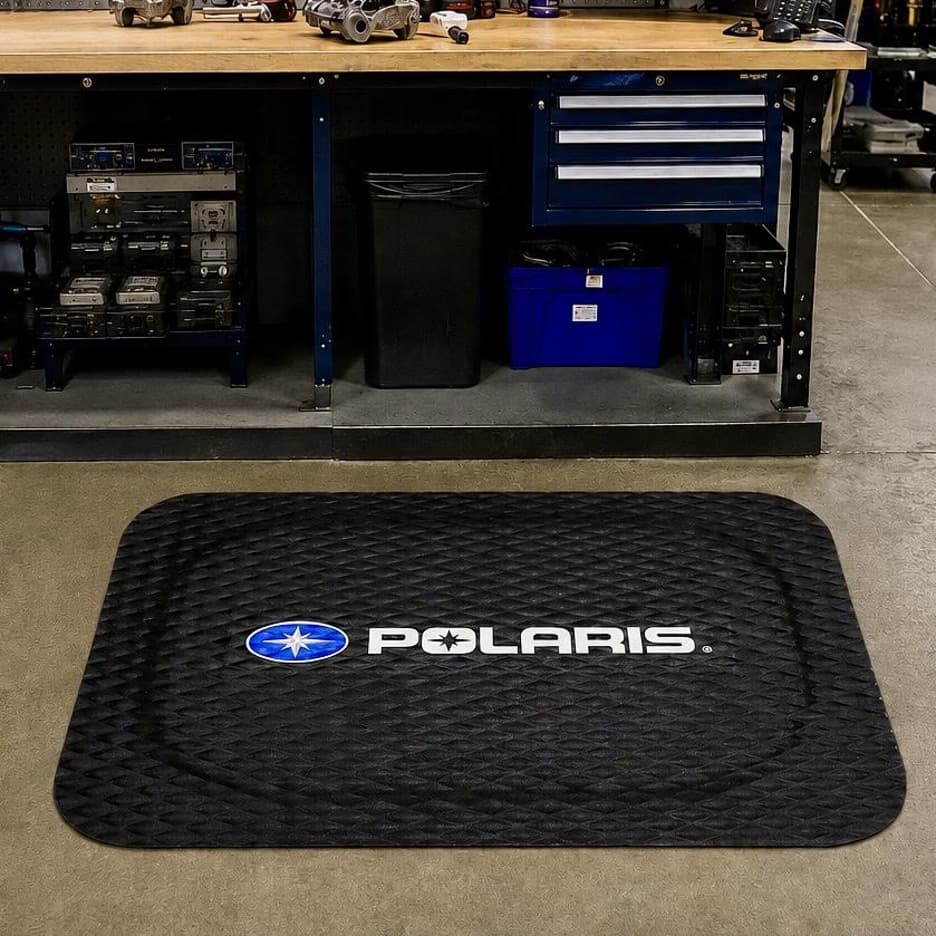 Performance Logo Anti-Fatigue Mat installed in a workshop