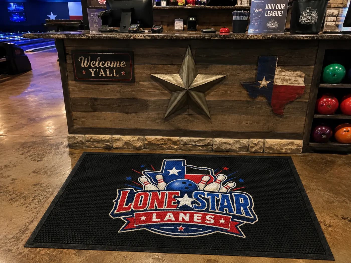 Bowling Alleys custom logo mat example