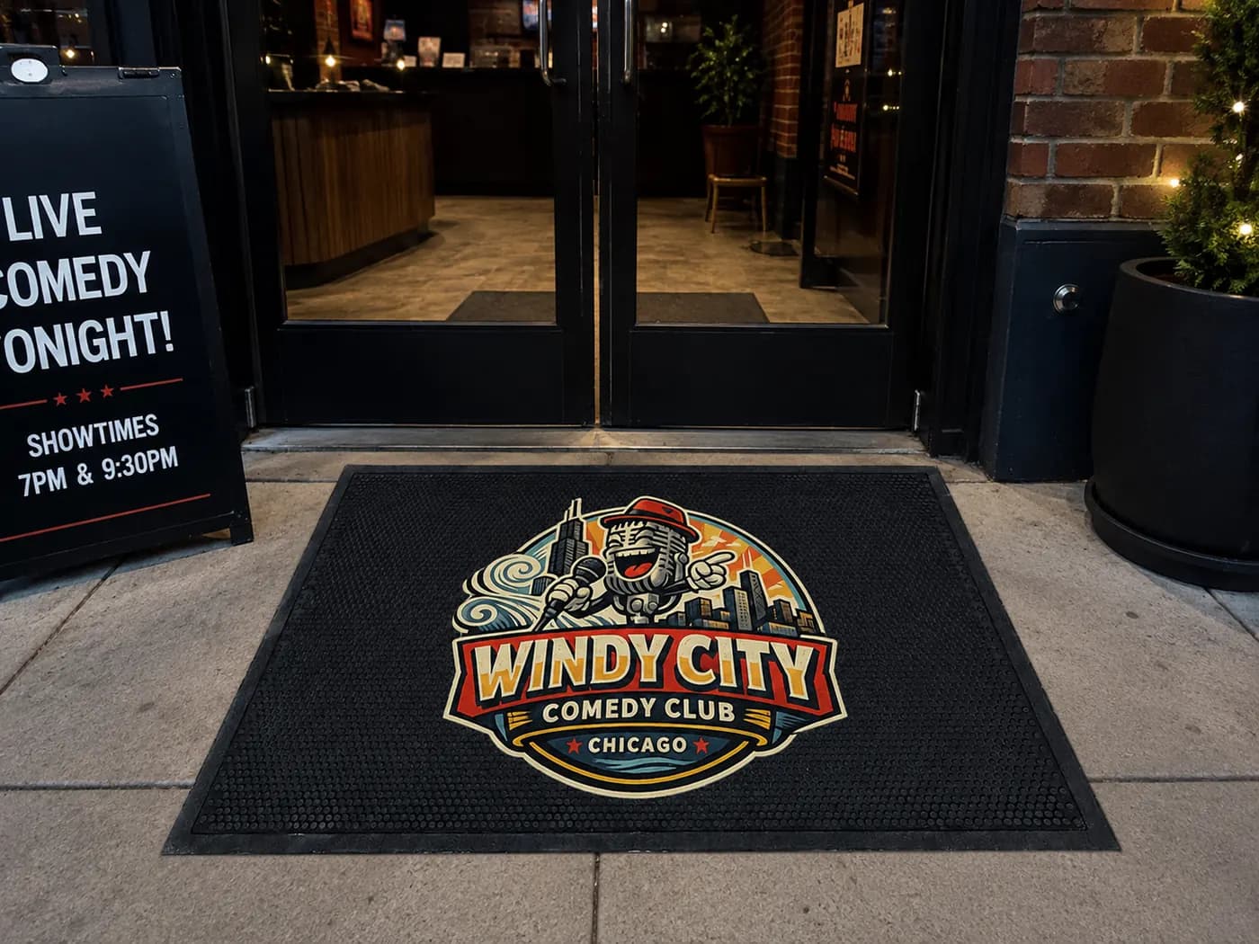 Comedy Clubs custom logo mat example