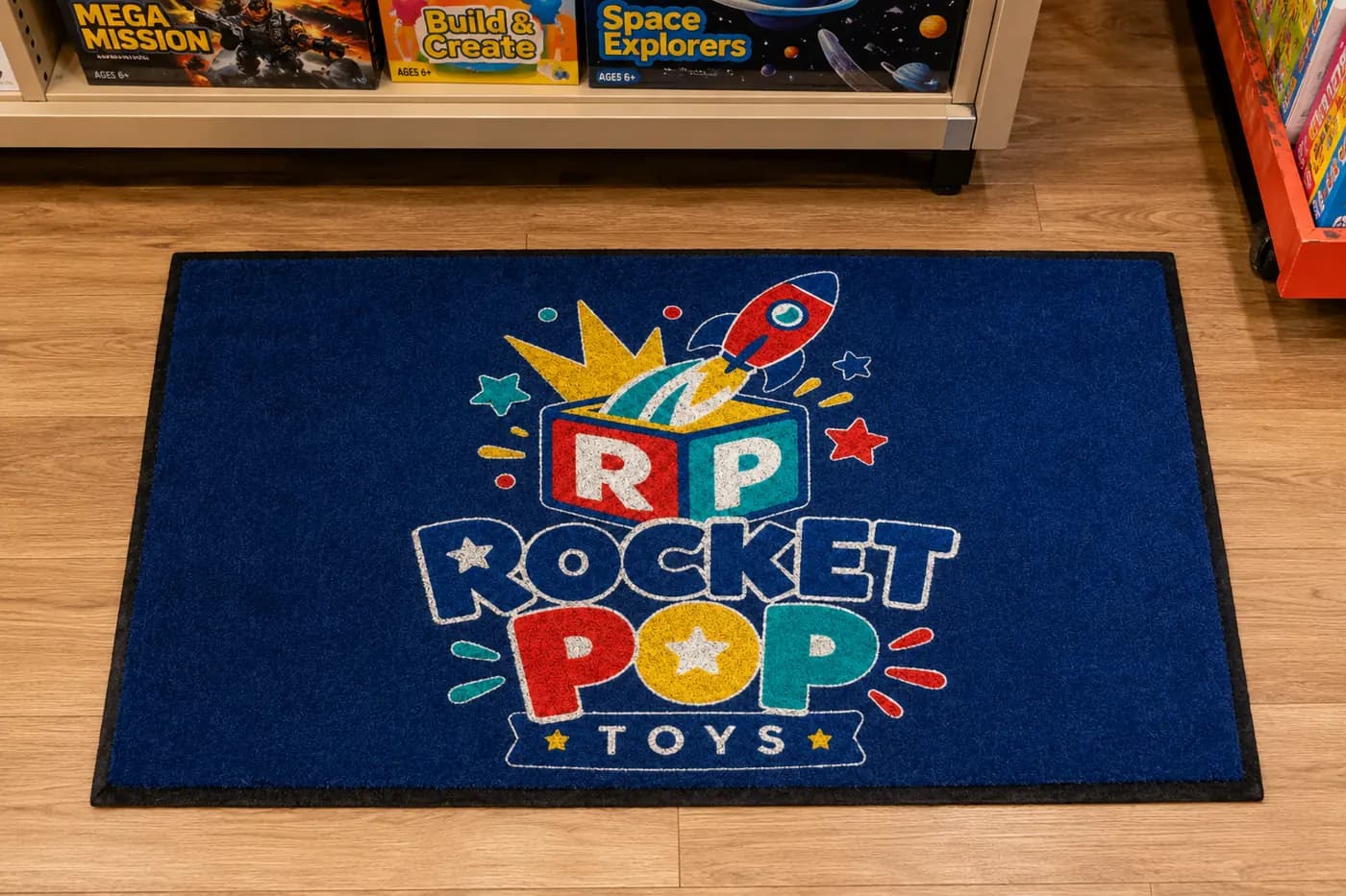 Toy Stores custom logo mat example