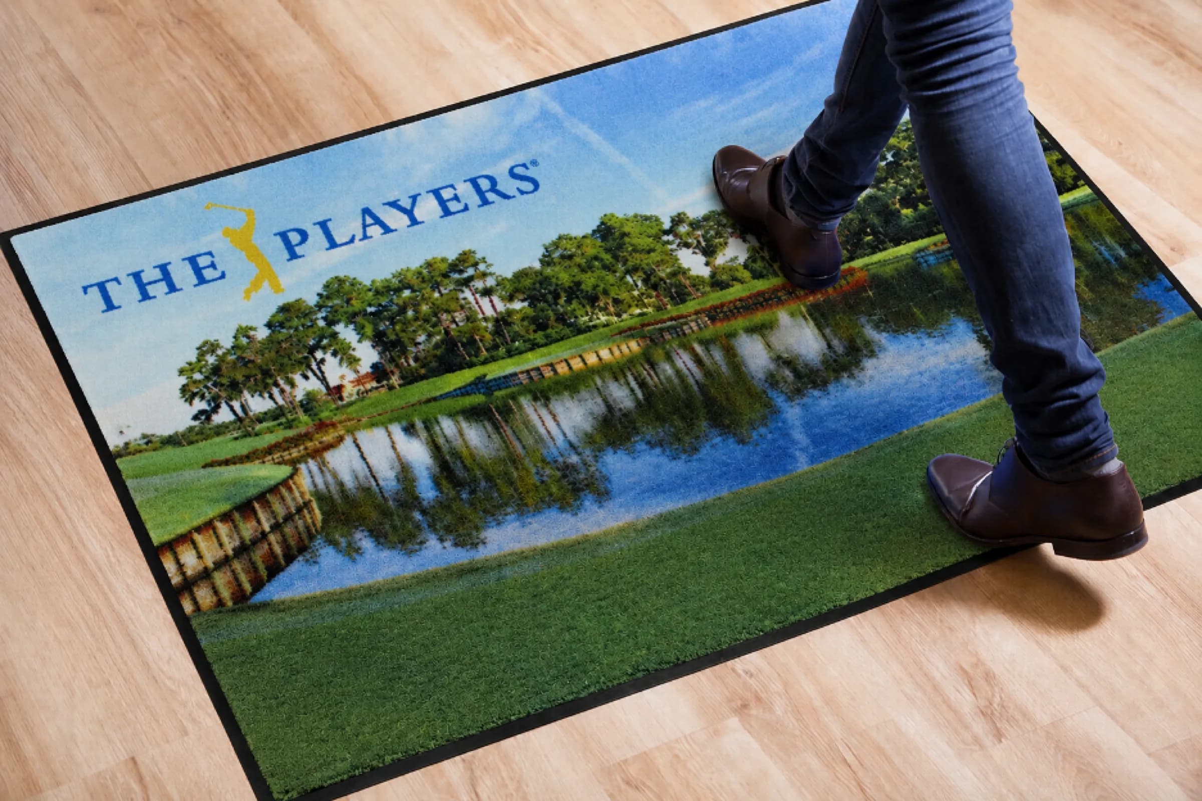 Signature HD indoor custom logo mat at a front entrance